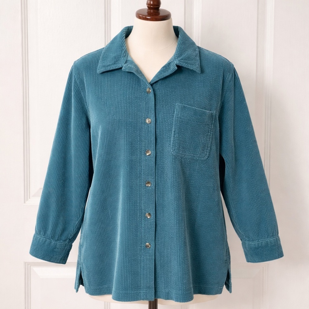 L.L.Bean women Teal Blue Corduroy Button-Up Jacket Shacket Size XL Cotton 266127